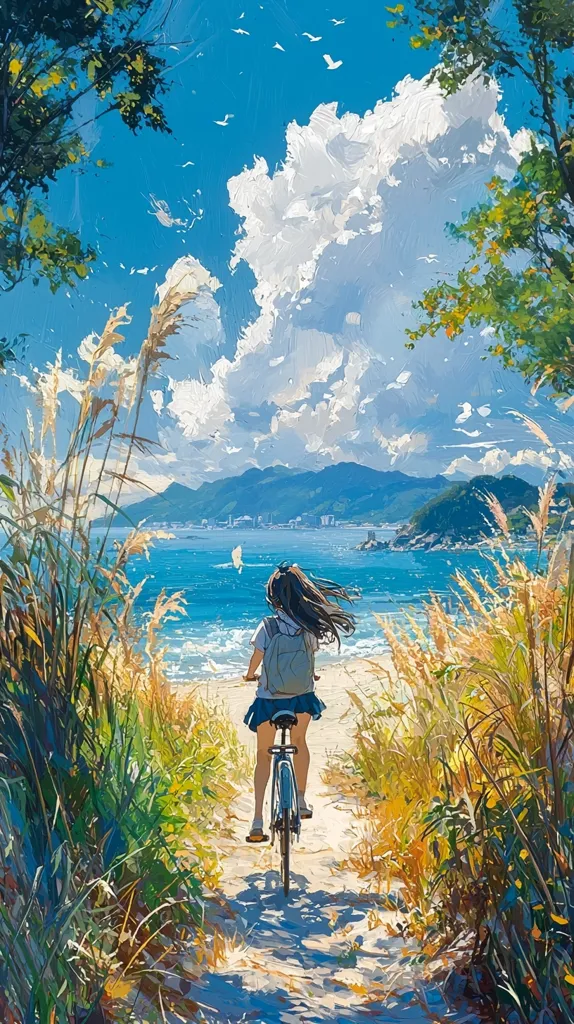 A girl with long brown hair rides a bicycle along a sandy path.  Tall grasses flank the path, leading to a beautiful seaside view.  The sky is a vibrant blue, dotted with fluffy white clouds, and a calm ocean stretches to distant mountains.  The overall impression is one of serene summer beauty and peaceful journey.