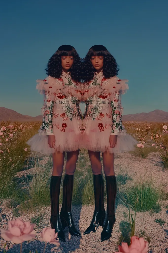 A mirrored image shows a young woman in a pink, floral embroidered tulle mini dress.  The dress features ruffled detailing at the shoulders. She wears black knee-high boots. The setting is a desert landscape with sparse vegetation and pink flowers in the foreground, creating a surreal and dreamlike atmosphere. The overall style is whimsical and elegant.