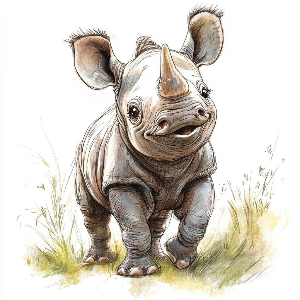 A charming illustration depicts a baby black rhinoceros.  The rhino calf stands in a patch of grass, its large ears and small horn clearly visible.  Its expression is endearing, almost smiling, and the artwork is rendered in a detailed, watercolor-like style with pen and ink outlines, creating texture and depth. The overall effect is one of youthful innocence and natural beauty.
