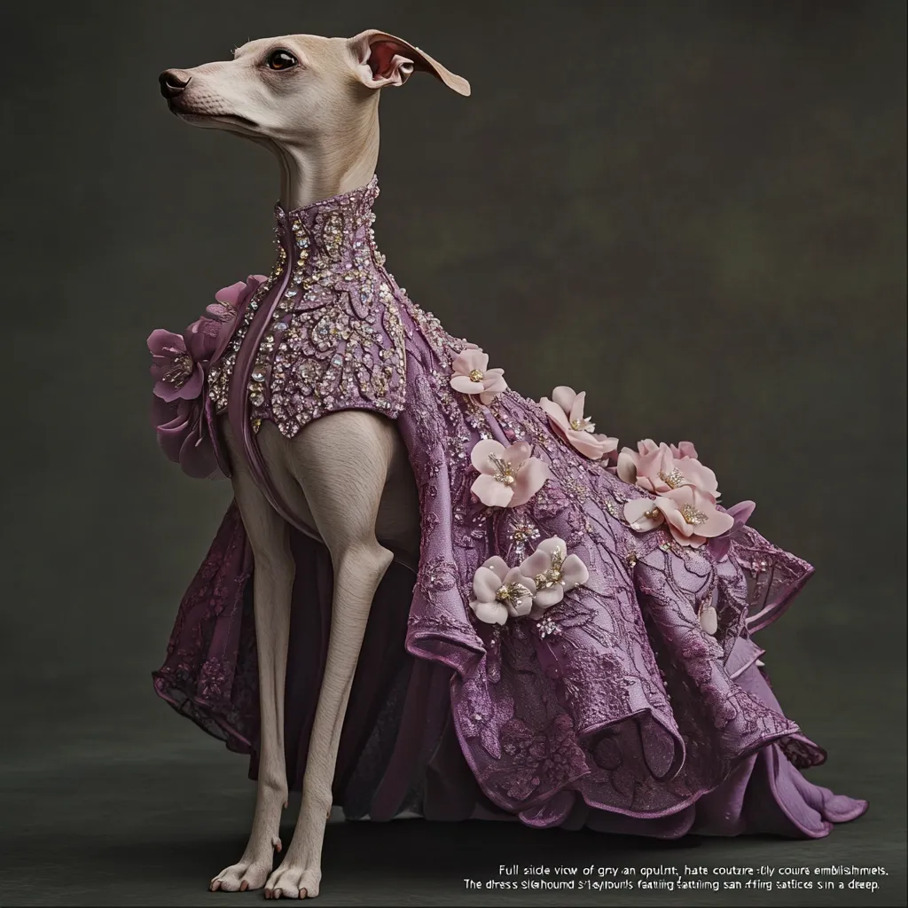 A grey Italian Greyhound is elegantly posed in a floor-length, mauve gown.  The dress features intricate lace, delicate floral appliqués, and sparkling embellishments. The dog's regal posture and the gown's luxurious details create a striking image. The background is a muted grey, enhancing the dress's rich color and the dog's sophisticated appearance.