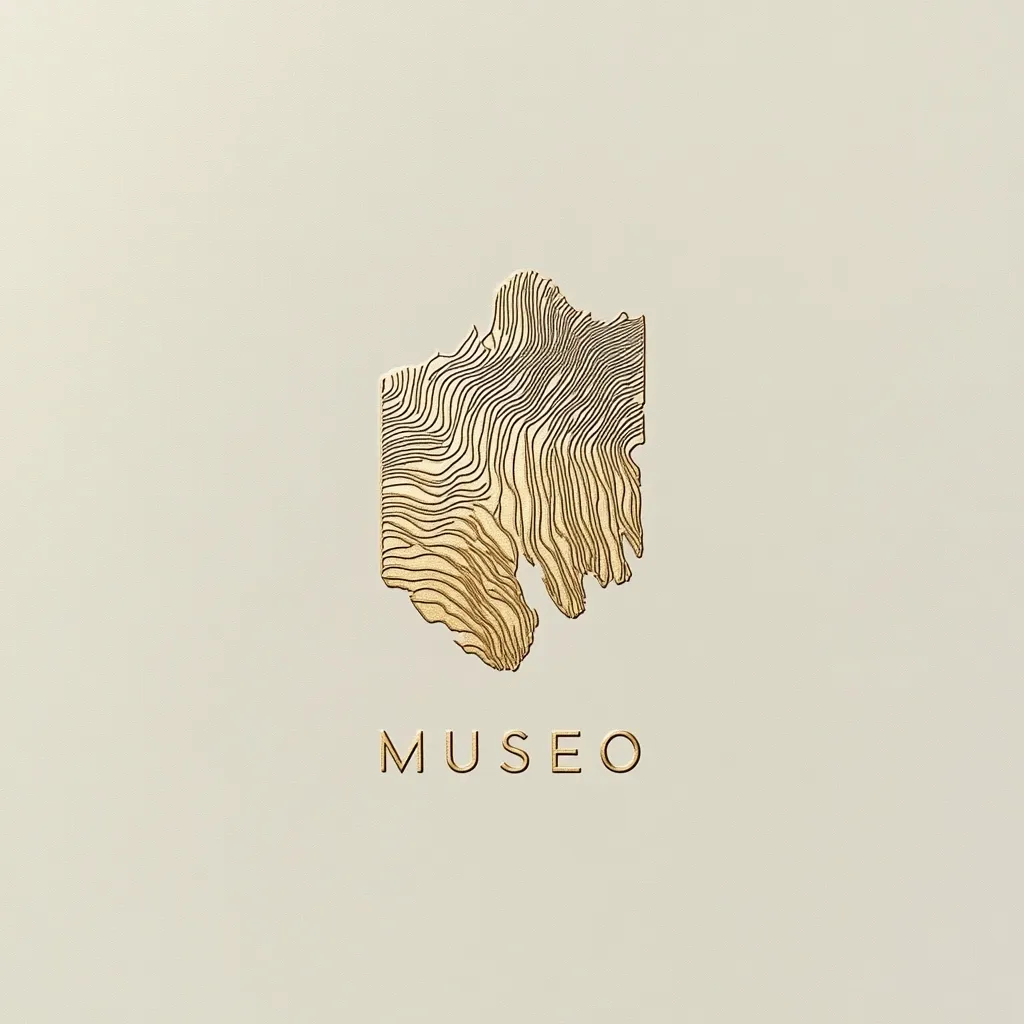 A minimalist logo design features a gold, topographic-like shape resembling a stylized map or landscape.  The word "MUSEO" is subtly placed beneath the graphic, suggesting a museum or art gallery.  The overall aesthetic is clean, modern, and elegant, using a neutral beige background to highlight the gold details.