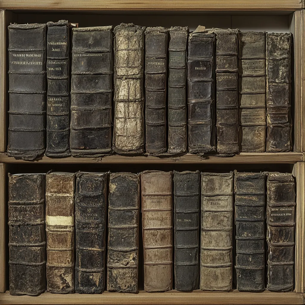 A wooden shelf holds two rows of antique books, their leather bindings worn and faded with age.  The spines, showing titles in what appears to be Latin or a similar language, exhibit varying degrees of discoloration and damage. The overall impression is one of age, history, and the passage of time.  The books stand closely together, filling the shelf completely.