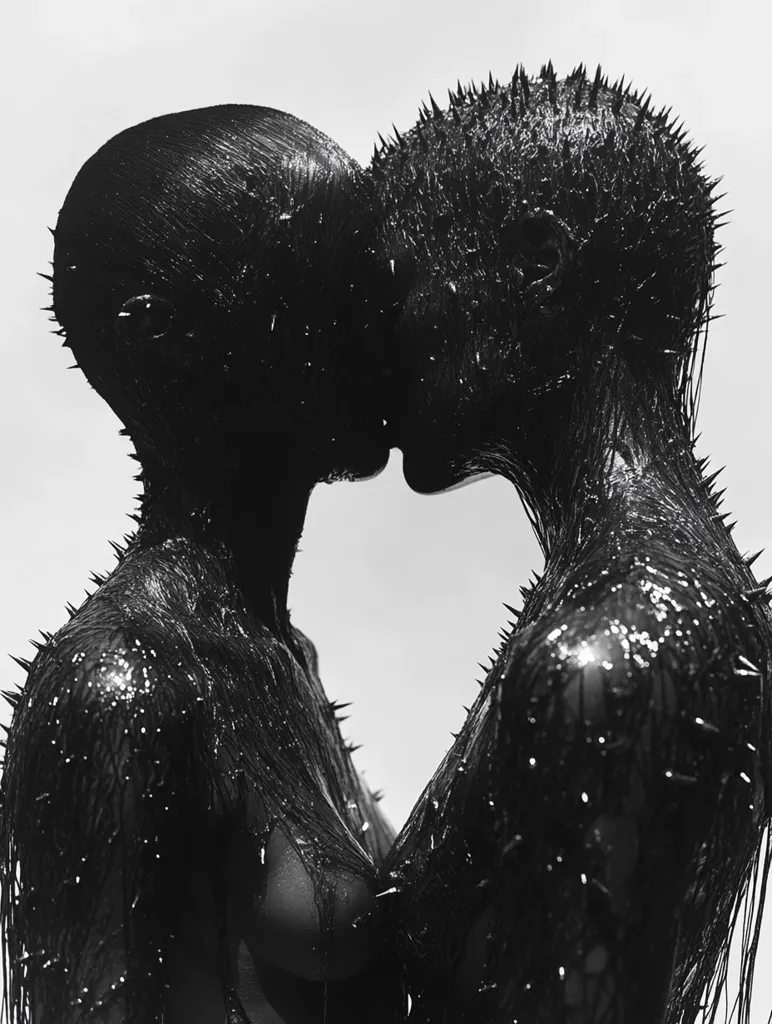 A black and white, close-up shot depicts two figures, seemingly androgynous, facing each other. Their bodies are covered in a dark, textured material that resembles dripping tar, adorned with numerous sharp protrusions.  The figures are in intimate proximity, their heads almost touching, creating a dramatic and surreal image. The background is a simple, unblemished white.