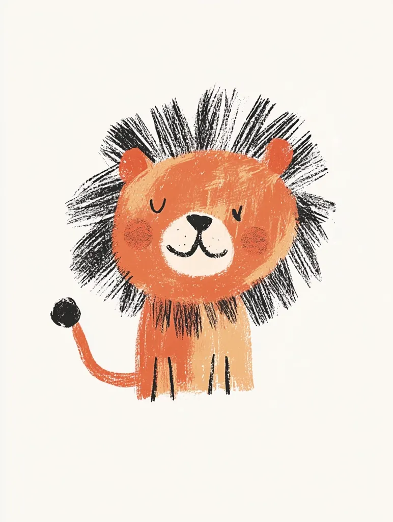 A charming illustration of a lion cub.  Its orange fur is depicted with a textured, crayon-like style. The mane is a dark, spiky contrast to the soft body.  The cub has rosy cheeks and a sweet, winking expression.  A small, dark tail completes the image, creating a playful and endearing design.