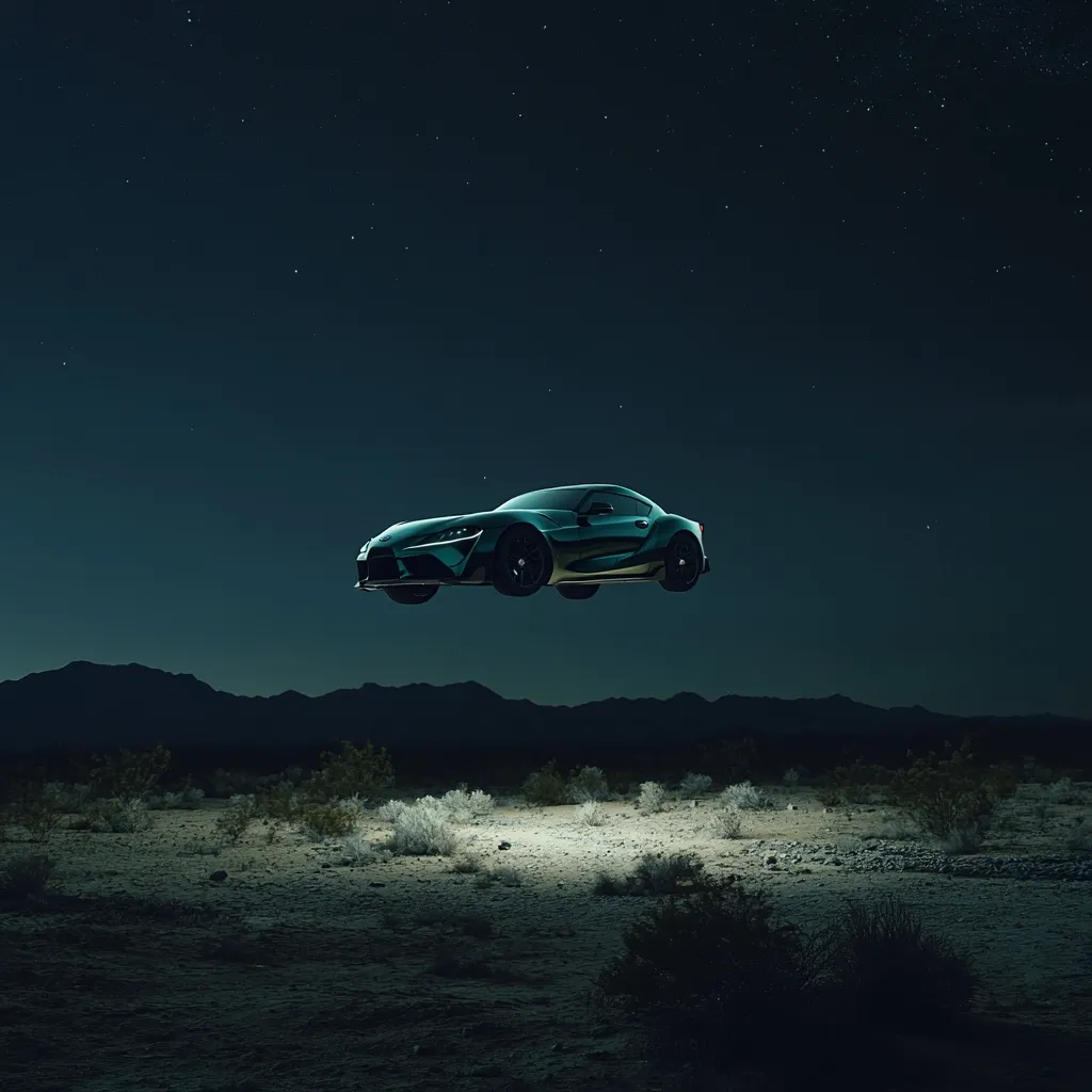 A dark teal Toyota GR Supra sports car floats in the night sky above a desolate desert landscape.  The car is the focal point, seemingly defying gravity against a backdrop of distant mountains and a star-studded sky.  A small patch of light illuminates the ground below the levitating vehicle, creating a surreal and otherworldly atmosphere.