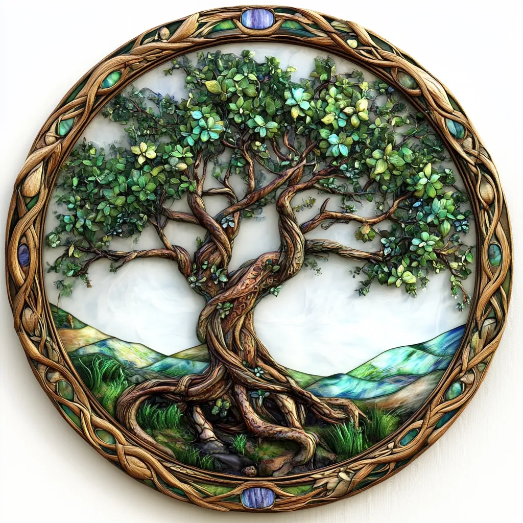 A circular artwork depicts a detailed, intricately carved tree of life.  The tree, with its gnarled roots and lush green leaves, is centrally positioned against a backdrop of rolling hills and a cloudy sky.  The piece is framed by a Celtic-inspired border of interwoven wood and inlaid gemstones, giving it a mystical and ancient feel.  The textures and colors are rich and vibrant, creating a visually stunning piece.