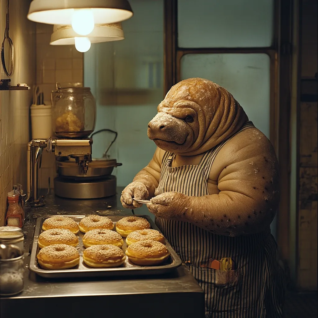 A manatee-like creature, dusted with flour, stands in a dimly lit bakery.  Wearing a striped apron, it carefully arranges a tray of freshly baked, sesame-seed topped donuts. The scene is warm and slightly surreal, with vintage kitchen equipment adding to the atmosphere.  The focus is on the creature's gentle handling of the pastries.
