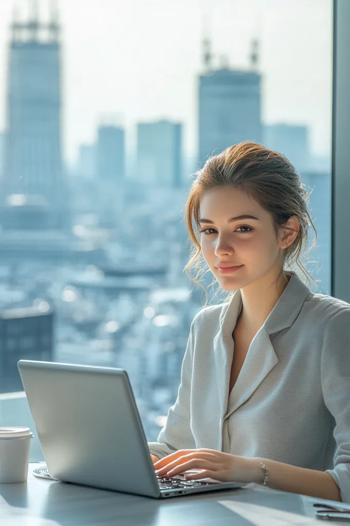 A young woman with her hair pulled back sits at a table by a large window overlooking a city.  She's working on a silver laptop, her expression focused and pleasant.  She's dressed in a light grey, collared shirt.  Sunlight streams in from the window, illuminating her and the table.  A disposable coffee cup sits beside her.