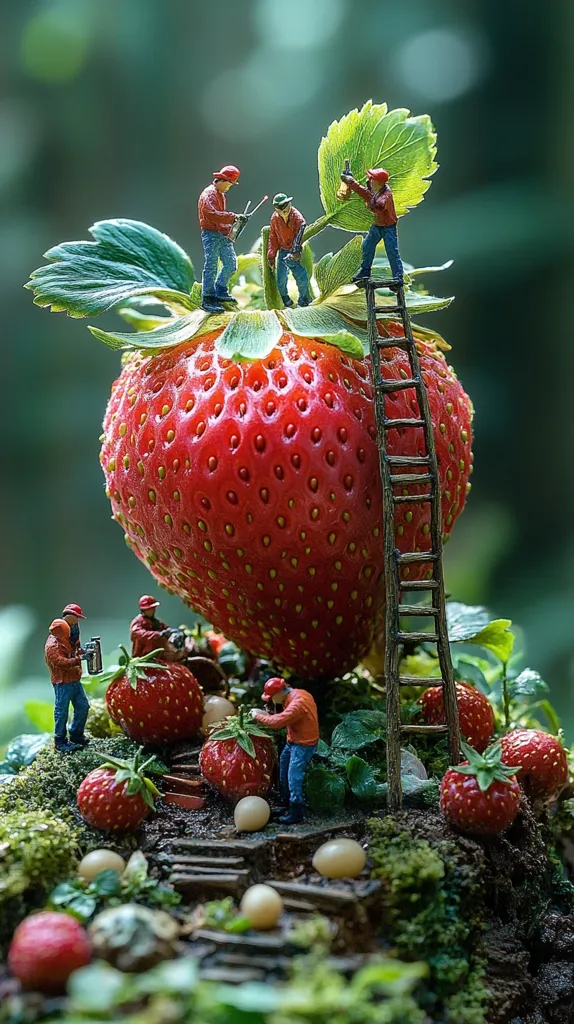 Miniature workers harvest a giant strawberry.  Several figures, wearing orange overalls and hard hats, work around the enormous fruit, using a ladder to reach the top. Smaller strawberries surround the base, creating a whimsical scene of farming on a colossal scale.  The overall setting is lush and green, enhancing the fantasy-like quality of the image.