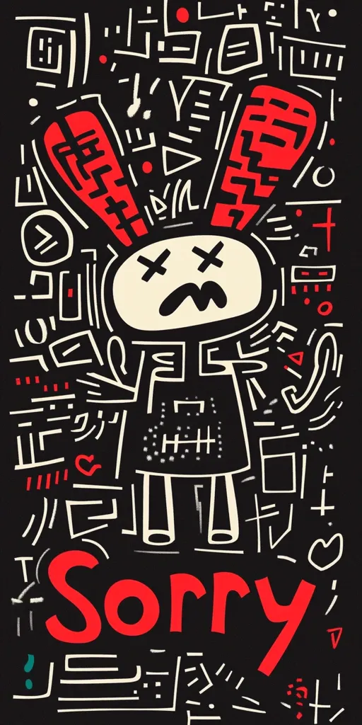A stylized cartoon rabbit with X's for eyes and a distressed expression is surrounded by abstract, doodle-like shapes and symbols. The word "Sorry" is prominently displayed in red lettering below the rabbit. The overall style is reminiscent of graffiti art or children's drawings, with a mix of bold colors and chaotic lines on a black background.