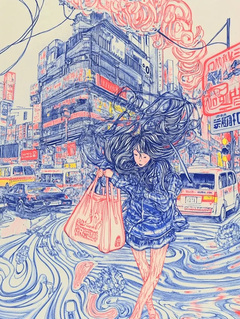 A vibrant illustration depicts a young woman with flowing dark hair, carrying a shopping bag, navigating a bustling Asian city street.  The scene is rendered in a dynamic, swirling style with blue and pink lines creating a sense of motion and energy.  Buildings are densely packed, and the street appears flooded, adding to the chaotic yet captivating atmosphere. The overall style is reminiscent of graphic novels or anime, with bold lines and expressive character design.
