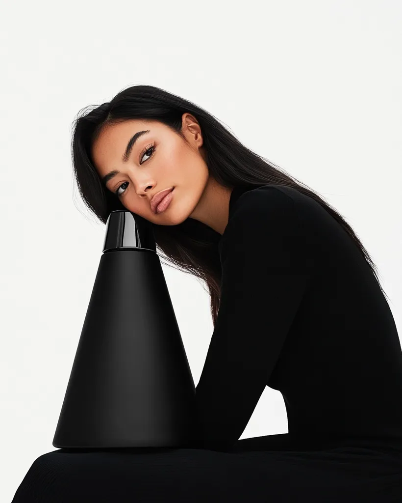 A young woman with long black hair rests her head on a large, black, cone-shaped object.  She is wearing a black, long-sleeved dress. The image is minimalist, with a stark white background, focusing on the contrast between the woman's dark features and the sleek, black object. The overall mood is sophisticated and elegant.