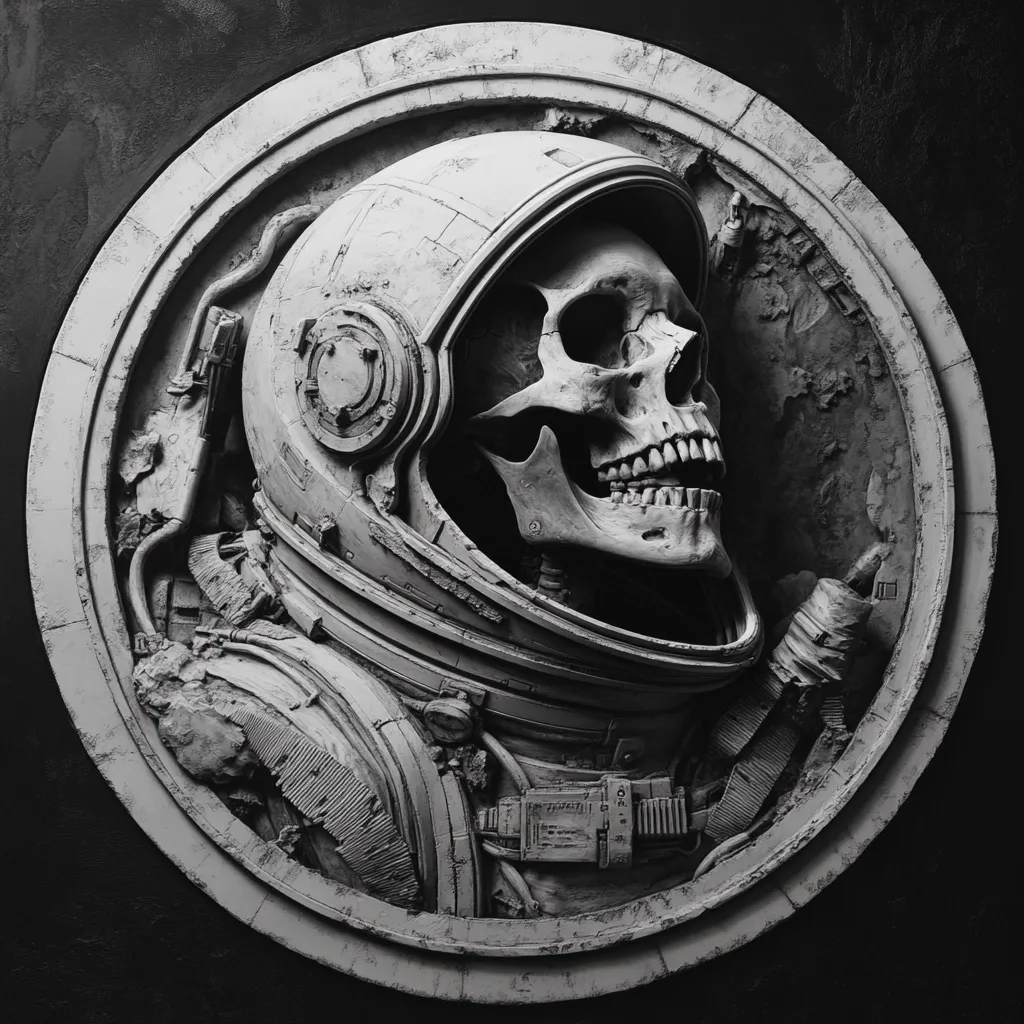 A monochrome, circular relief sculpture depicts a skull in an astronaut's helmet.  The weathered, detailed helmet and skull are rendered in high contrast, creating a dramatic, somber effect. The astronaut's skeletal remains seem to be frozen mid-gesture, suggesting a tragic or mysterious narrative. The circular frame enhances the bas-relief style, resembling a memorial or a forgotten relic of space exploration.