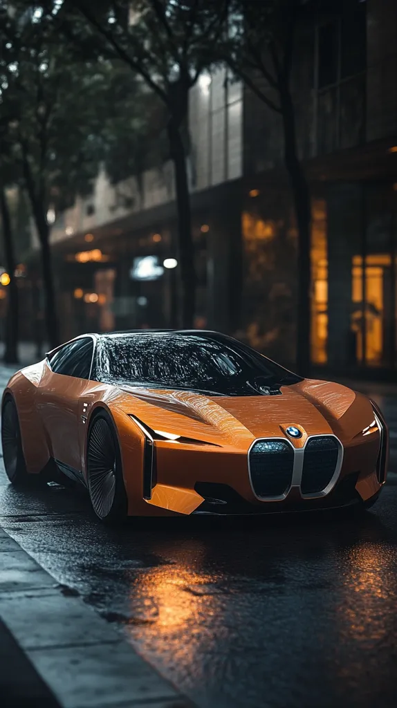 A vibrant orange BMW Vision M Next sports car is parked on a rain-slicked city street at night.  The car's sleek design and metallic paint gleam under the ambient light.  The background features blurred city buildings and trees, creating a dramatic contrast with the sharp focus on the vehicle.  The wet pavement reflects the car's lights and the surrounding urban environment.
