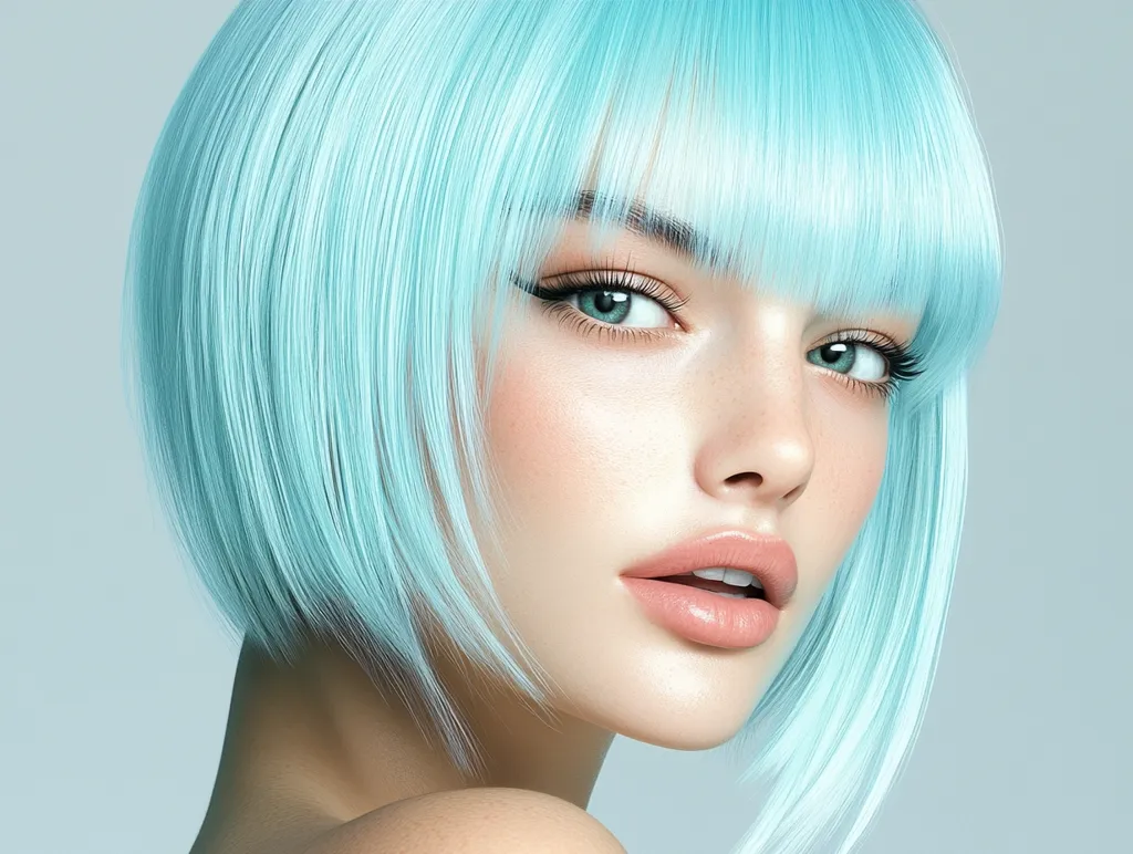 Close-up of a woman with a stylish, pale turquoise bob haircut.  Her hair is sleek and straight, with blunt bangs framing a delicate face.  She has light, even skin, and her eyes are a soft blue-grey. The overall impression is one of modern, minimalist beauty.
