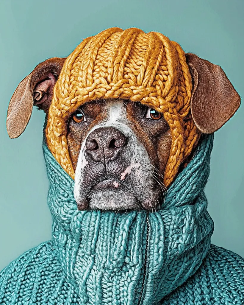 A brown and white dog wears a cozy teal knitted sweater and a mustard yellow knitted hat.  The dog's expression is serious, its face partially obscured by the warm clothing. The textured knitwear contrasts nicely with the dog's fur, creating a humorous and heartwarming image perfect for a winter theme. The background is a muted teal, enhancing the overall aesthetic.
