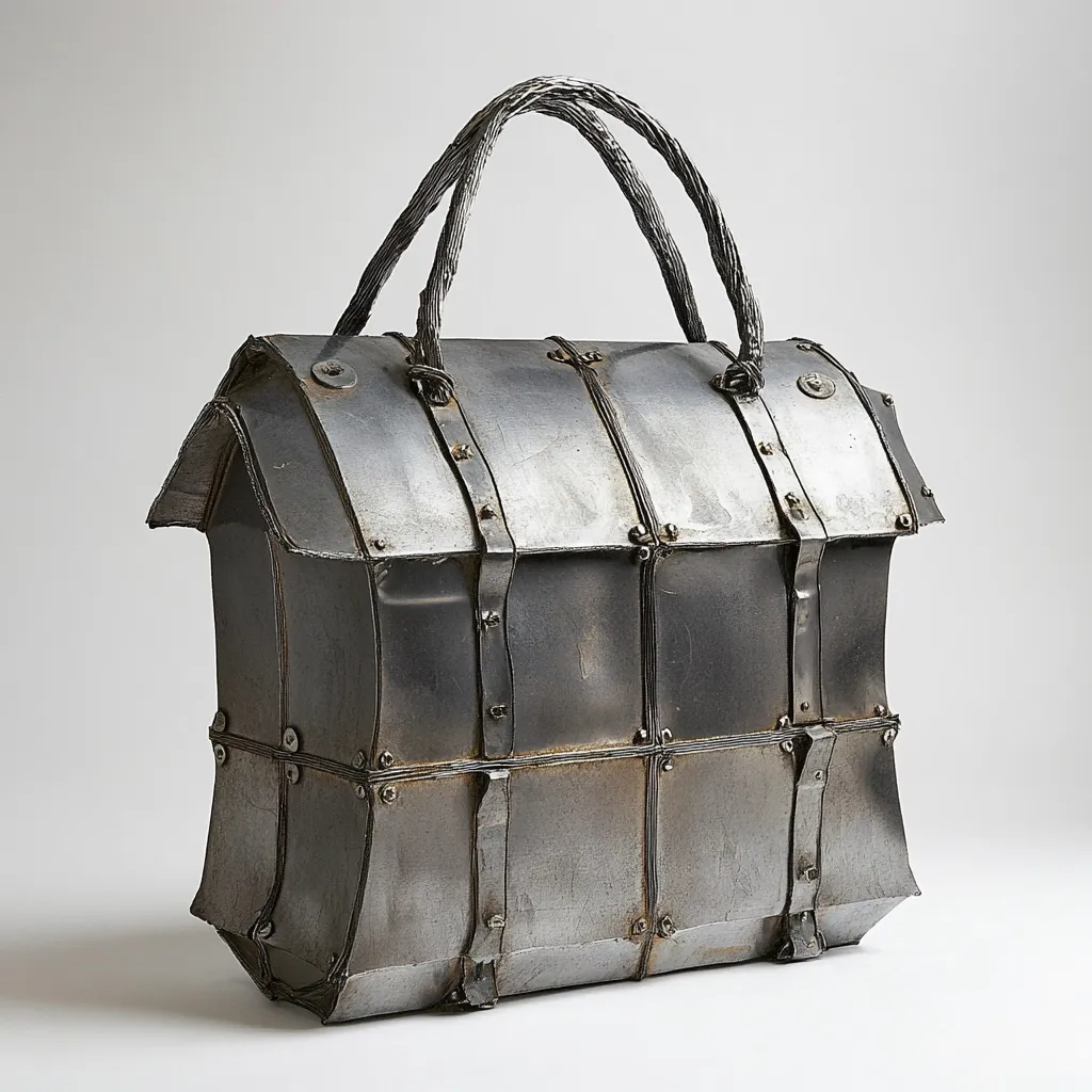A handcrafted metal handbag, resembling a miniature house, is presented.  Its construction is apparent, showcasing riveted panels of gray metal.  The handle, formed from twisted wire, adds a rustic touch. The overall style is industrial yet strangely endearing, suggesting a blend of functionality and artistry.  The piece is well-lit against a neutral background.