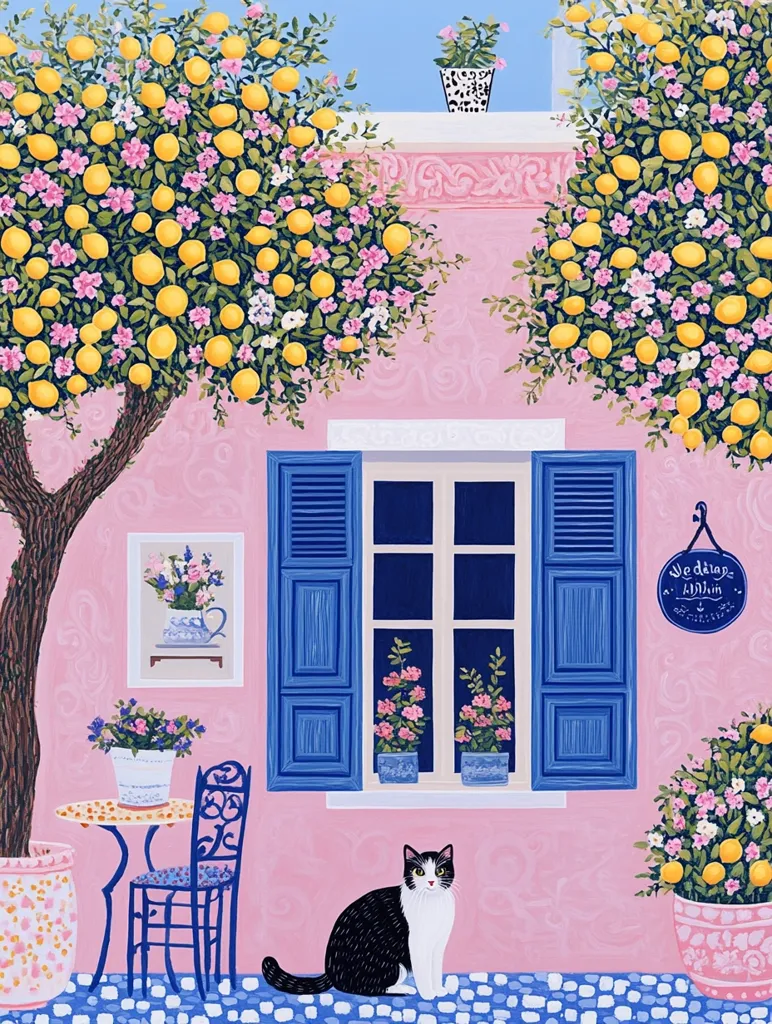 A charming illustration depicts a pink building adorned with blossoming lemon trees.  Blue shutters frame a window, featuring potted flowers. A small bistro table and chair sit outside, with a black and white cat resting on the patterned ground.  A sign reads "Le Désir," adding to the quaint, Mediterranean atmosphere. The artwork is vibrant and whimsical, capturing a peaceful scene.