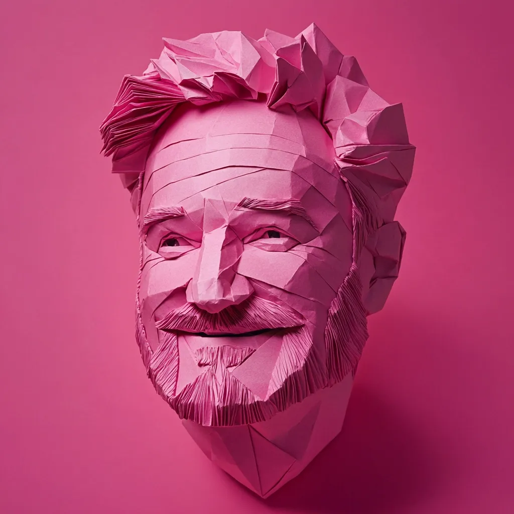 A striking pink origami sculpture depicts Robin Williams' head and shoulders.  The detailed work captures his expressive features, including his signature smile and tousled hair, all rendered in meticulously folded paper.  The vibrant color and angular style create a unique and memorable portrait of the late actor.