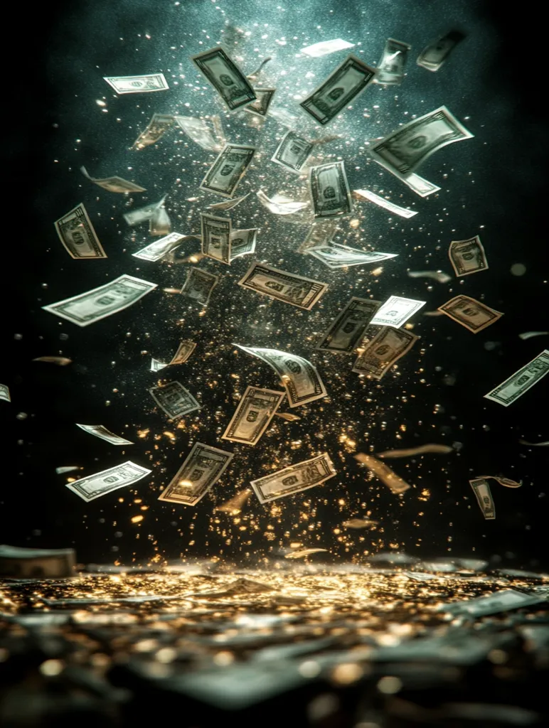 Numerous US dollar bills fall through a dark, smoky atmosphere, illuminated by a golden light emanating from below.  The money descends amidst glittering particles, creating a dramatic and visually striking image suggestive of wealth, abundance, or perhaps even the fleeting nature of fortune.  The overall effect is one of opulence and mystery.