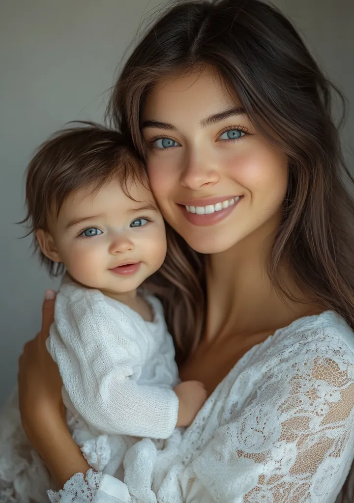 A young mother with long brown hair and striking blue eyes lovingly holds her baby girl.  Both are dressed in white, the mother in a lacy robe and the baby in a soft, knitted outfit.  The image conveys a sense of warmth, tenderness, and the close bond between parent and child.  The soft lighting and neutral background enhance the intimacy of the scene.