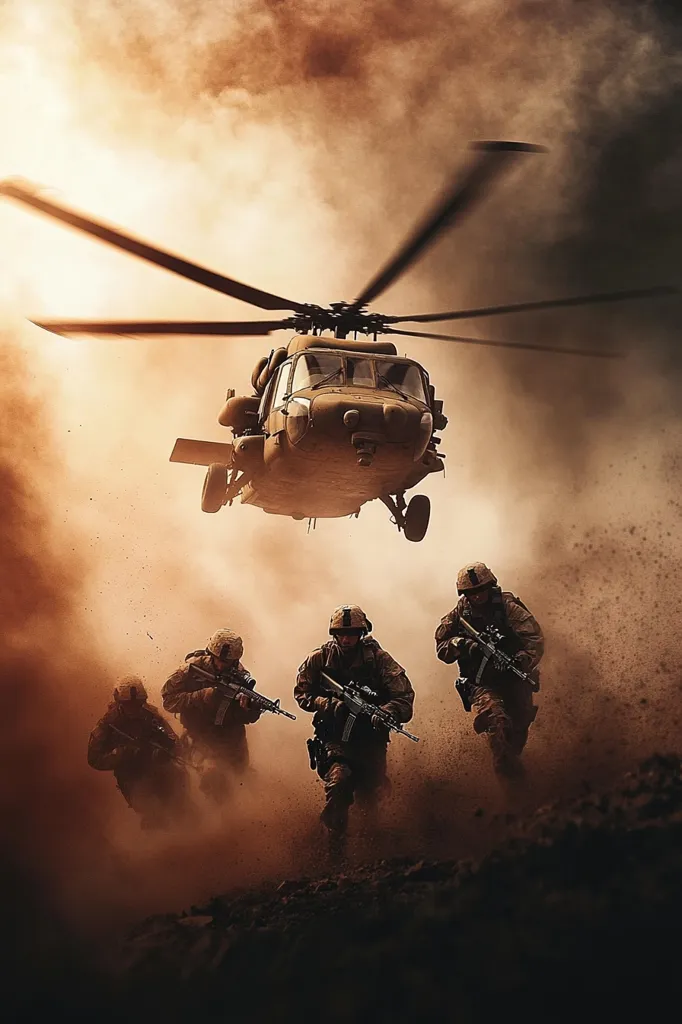 A military helicopter flies low over a dusty battlefield, silhouetted against a swirling cloud of sand.  Below, a squad of soldiers, armed with rifles, advances through the dust storm, their faces obscured by the grit and haze.  The scene evokes a sense of intensity and action, capturing the dramatic realities of modern warfare.