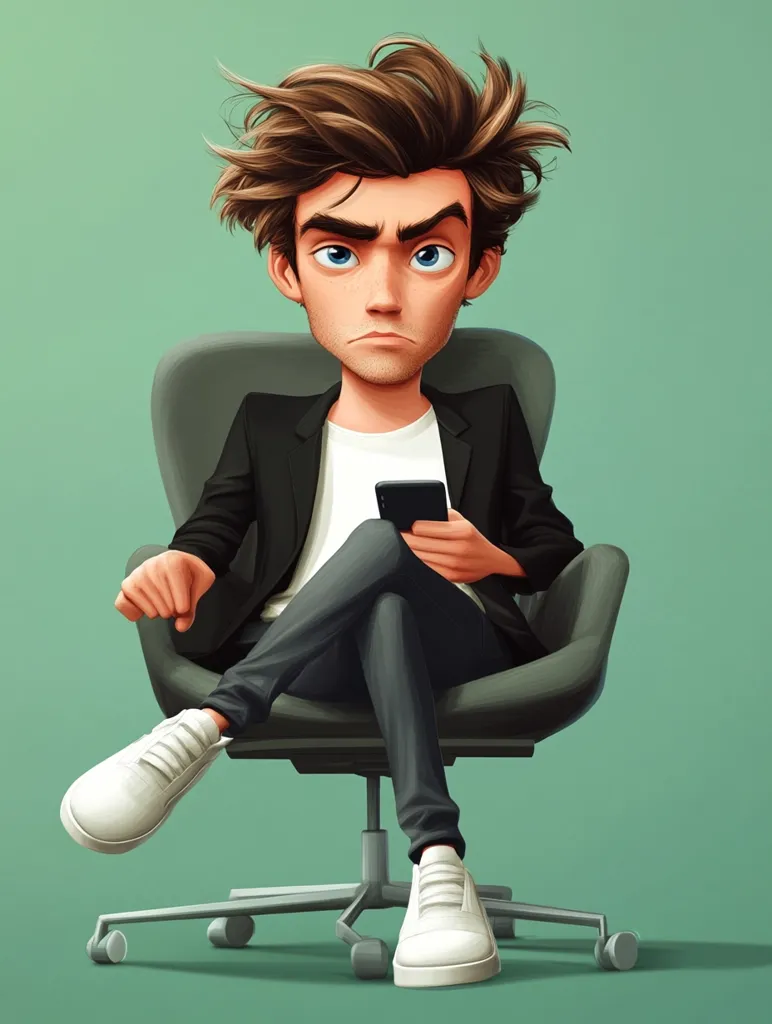 A stylized illustration depicts a young man with tousled brown hair, seated in a gray office chair. He's dressed in a black blazer, white t-shirt, and dark pants, and wears white sneakers.  His expression is serious, and he holds a smartphone in his hands. The background is a muted teal green. The overall style is cartoonish and digitally painted.