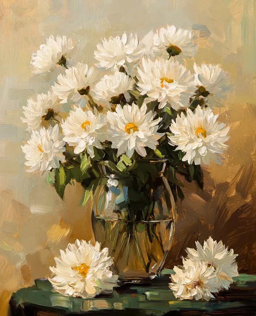 A vibrant oil painting showcases a bouquet of white chrysanthemums in a clear glass vase. The flowers, rendered with visible brushstrokes, are the focal point, their delicate petals and yellow centers capturing the light.  Two additional chrysanthemums rest on a dark green table beside the vase, adding depth to the composition. The background is a warm, muted palette that complements the flowers' brilliance.