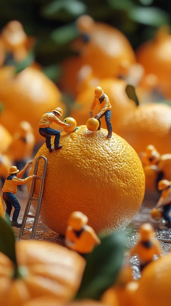 Miniature figures, dressed in yellow construction outfits, work collaboratively on a giant orange.  Some scale a ladder, while others maneuver smaller oranges onto the large fruit.  The scene is set amidst a field of similarly sized oranges, blurring into a bokeh background. The image is a whimsical depiction of scale and teamwork.