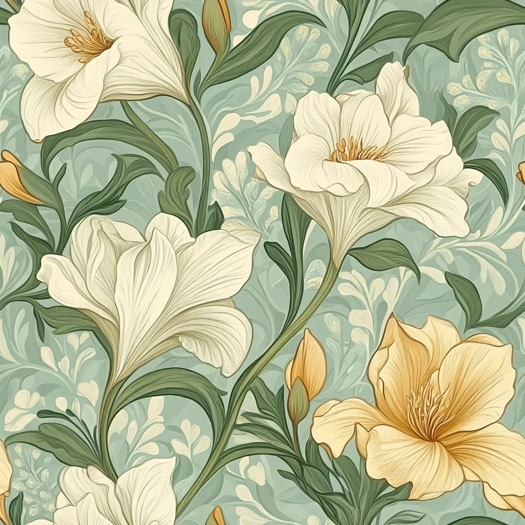 A seamless pattern showcases a lush arrangement of stylized flowers. Predominantly creamy white blossoms with intricate details are depicted, alongside a few golden-yellow blooms. The flowers are meticulously rendered, appearing almost three-dimensional against a soft, muted teal background.  The design evokes a vintage aesthetic, reminiscent of Art Nouveau or botanical illustrations.  Green leaves and stems intertwine, creating a dense and elegant floral tapestry.