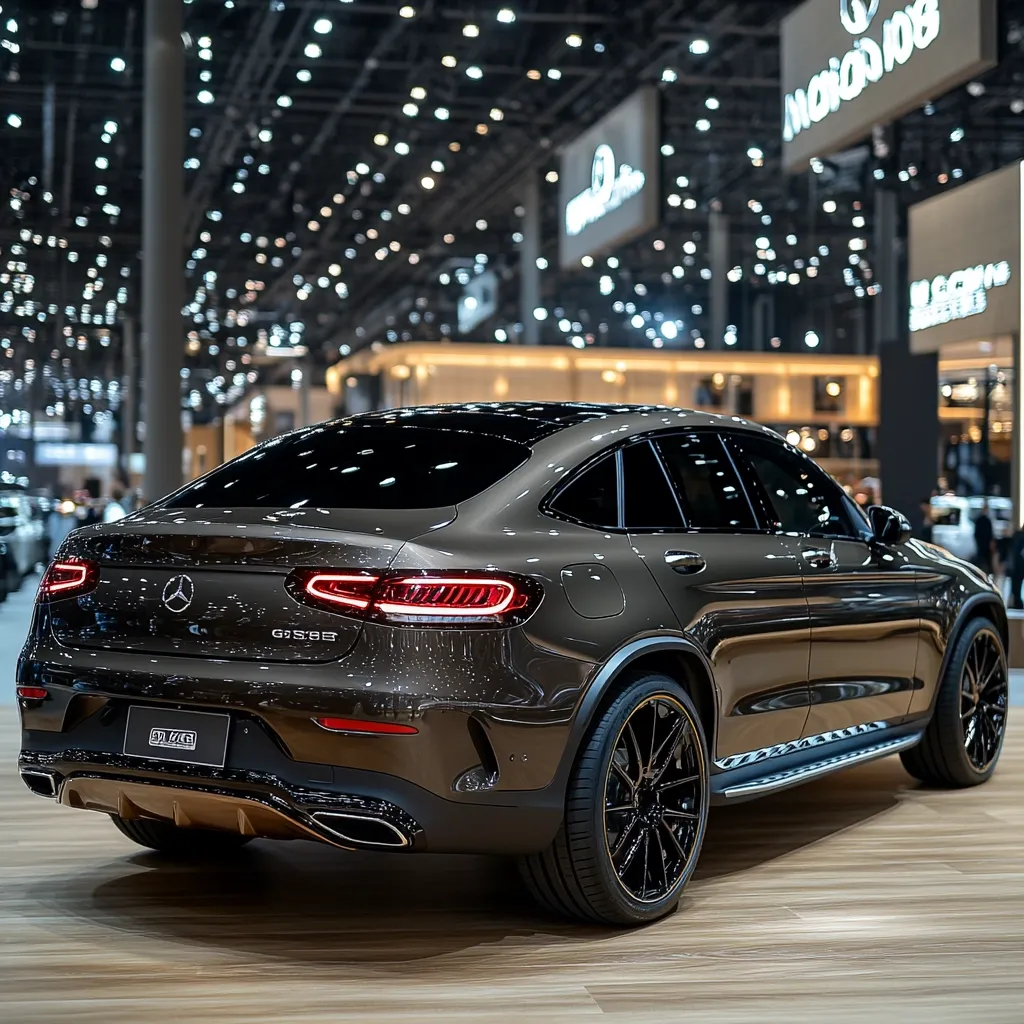 A rear view of a dark bronze Mercedes-Benz GLC Coupe at an auto show.  The sleek, modern SUV boasts stylish black rims and a polished finish. The interior is dark and tinted, adding to the vehicle's luxurious appeal. The background is blurred, showcasing the vibrant atmosphere of the event. The "GS 53" emblem is visible on the rear.