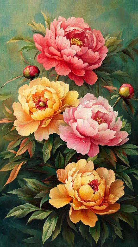 A vibrant oil painting showcases a lush arrangement of peonies.  Three fully bloomed peonies in shades of pink and yellow are the focal point, surrounded by smaller buds and rich green foliage. The artist's meticulous attention to detail highlights the delicate textures and vibrant colors of the flowers, creating a feeling of opulence and natural beauty.  The dark green background provides a striking contrast, emphasizing the blossoms.