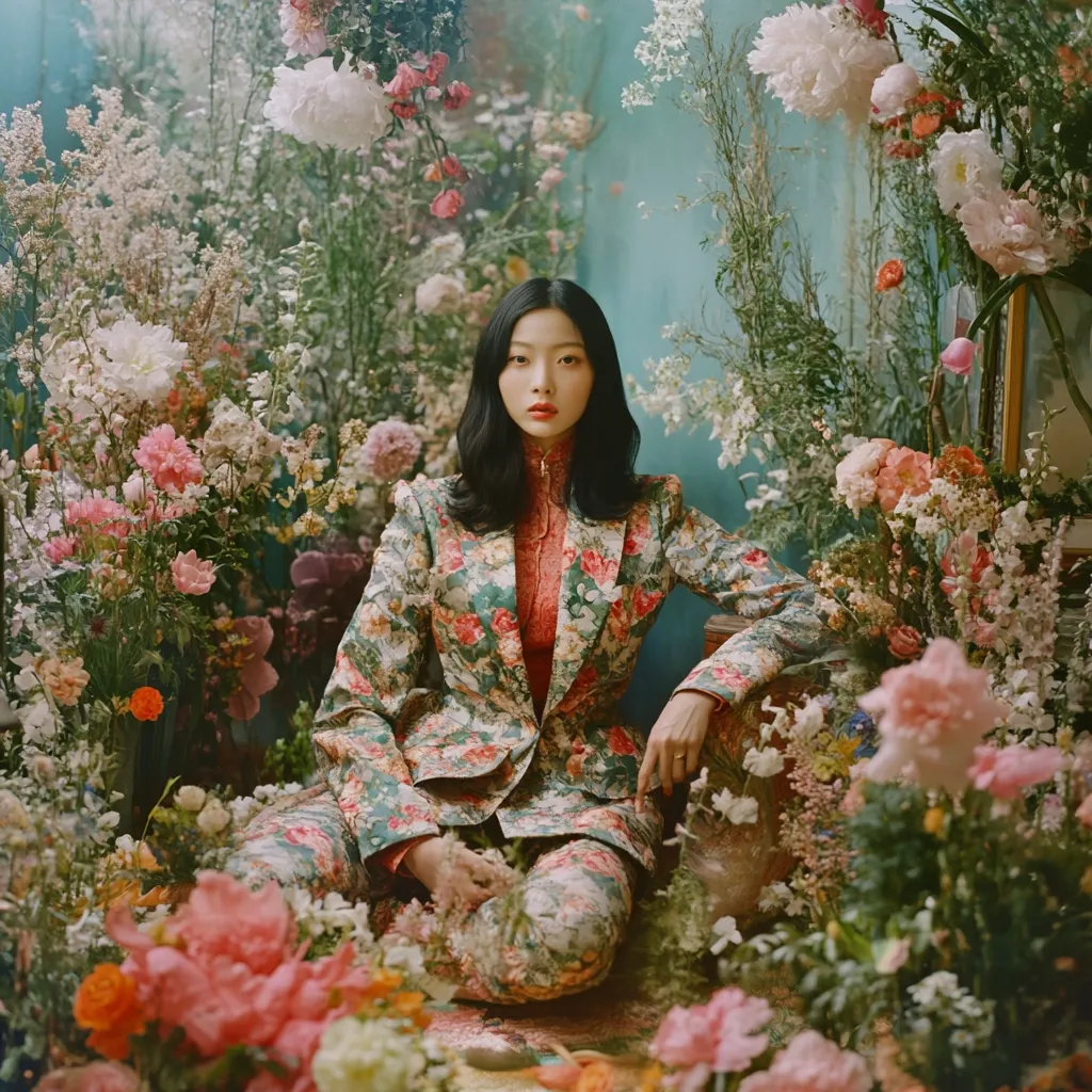 A young woman with long dark hair sits amidst a vibrant profusion of flowers. She wears a floral-print blazer and matching trousers, the colors echoing the blooms surrounding her. The setting is lush and romantic, creating a dreamy, almost ethereal atmosphere.  Her pose is elegant and serene, perfectly complementing the beauty of the floral backdrop.