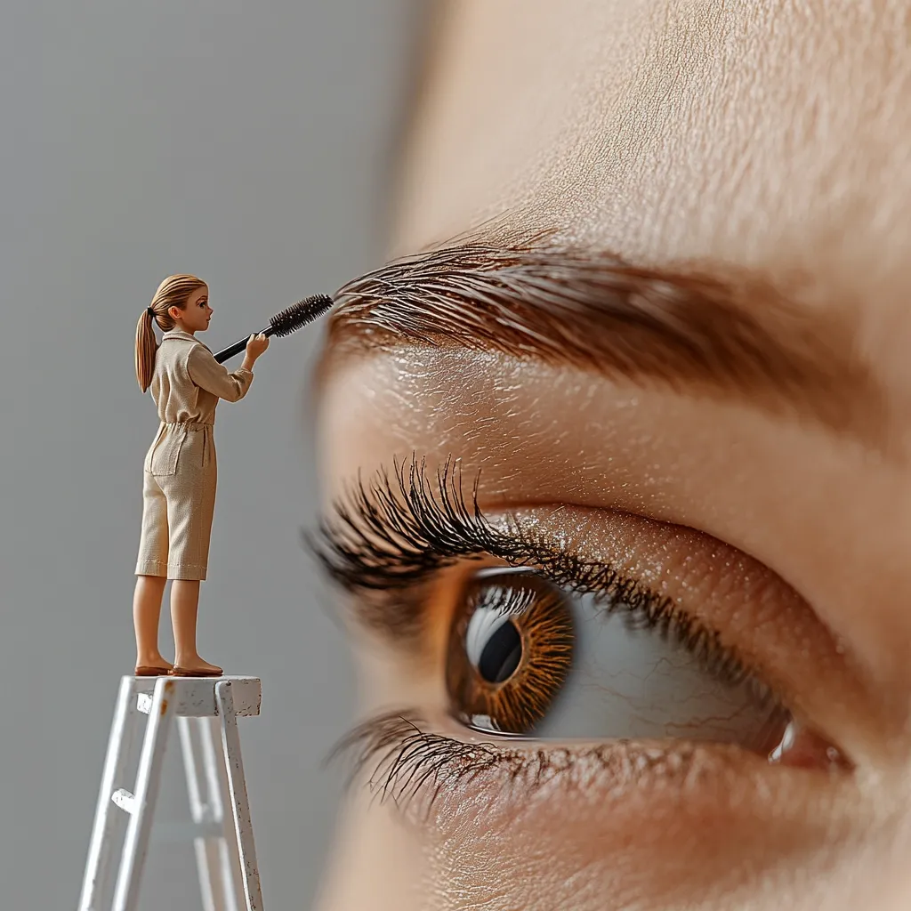 A miniature woman stands on a tiny ladder, meticulously brushing a woman's eyebrow with a small brush. The image uses forced perspective to create a humorous contrast between the miniature figure and the dramatically enlarged eye and brow. The detail on the eye and brow is sharp, highlighting the precision of the miniature worker's task. The overall effect is playful and visually striking.