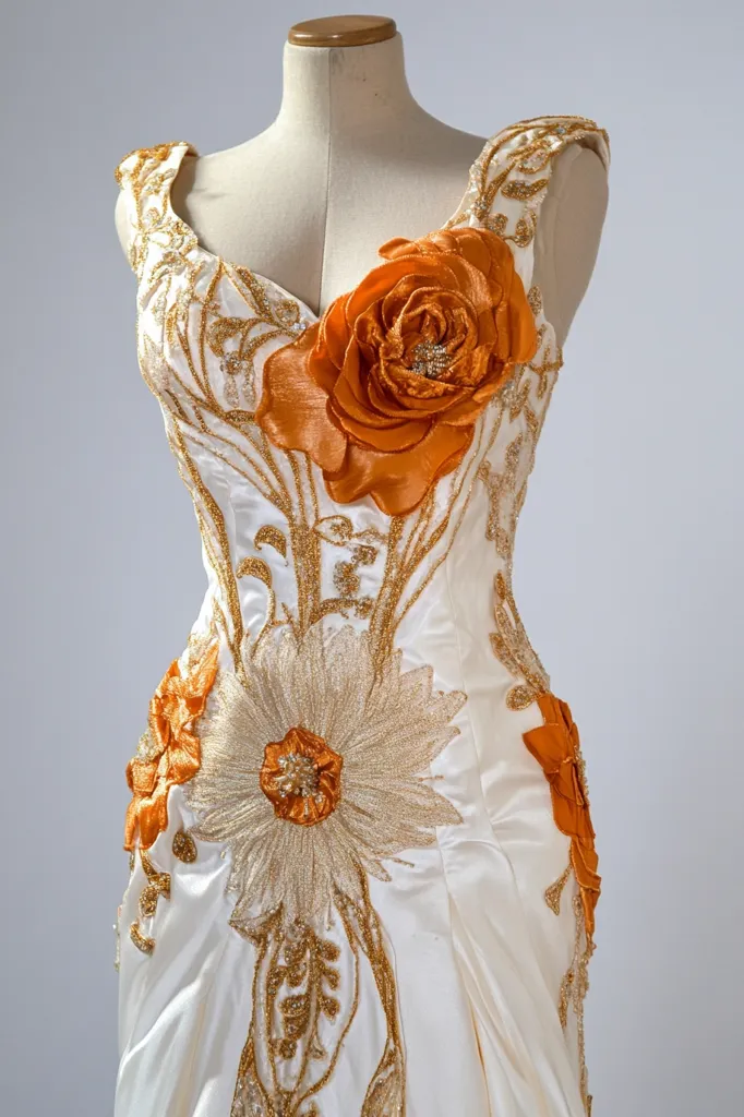 A stunning ivory gown, adorned with intricate gold embroidery and large, vibrant orange silk flowers. The sleeveless dress features a sweetheart neckline and a fitted bodice that flows into a full-length skirt. The exquisite detailing creates a luxurious and dramatic effect, ideal for a special occasion.  The dress is displayed on a mannequin.