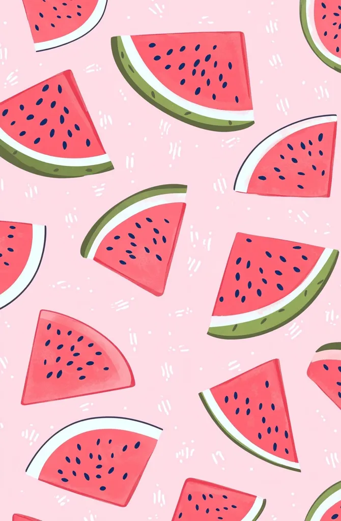 A pink background is adorned with a playful pattern of watermelon slices.  The slices are vibrant red with black seeds and green rind, arranged in a seemingly random yet aesthetically pleasing manner.  Simple white dashes add a touch of whimsy to the design, creating a cheerful and summery feel. The overall style is cartoonish and cute.