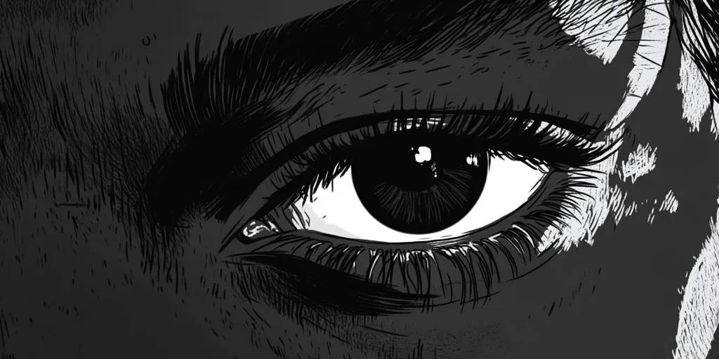 A close-up, black and white illustration of a woman's eye.  The style is graphic and detailed, emphasizing the texture of the skin and the length of the eyelashes.  The eye is dark and intense, conveying a strong emotion, possibly suspicion or defiance. The contrast between light and shadow adds depth and drama to the piece.