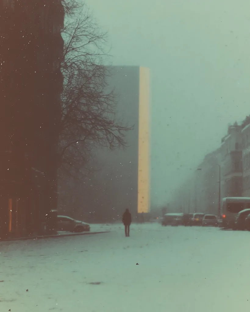 A solitary figure walks down a snow-covered street, shrouded in a misty, twilight atmosphere.  Tall buildings loom in the background, one illuminated by a warm, vertical glow.  Sparse, leafless trees line the street, adding to the desolate mood.  The scene is muted in color, with a vintage filter enhancing the melancholic feeling.  Snow falls gently, blanketing the street and parked cars.