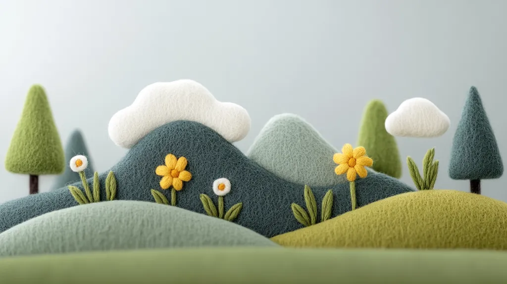 A charming needle-felted landscape features rolling green hills, two fluffy white clouds, and small, intricately crafted trees.  Yellow and white felt flowers add pops of color to the miniature scene, creating a whimsical and peaceful tableau.  The meticulous detail brings the handcrafted artwork to life.