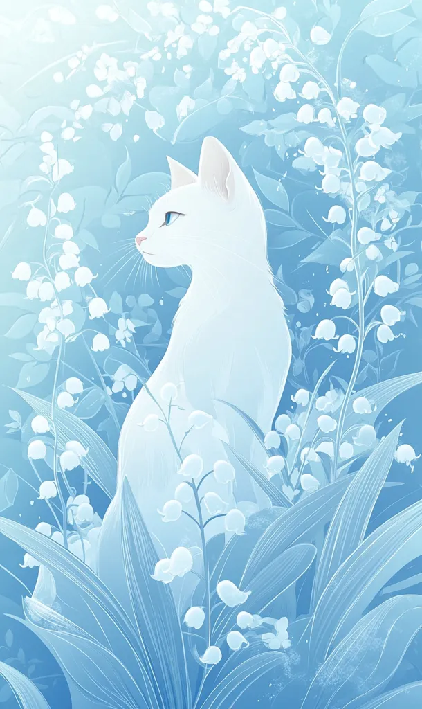 A serene illustration depicts a white cat sitting amidst a field of lilies of the valley.  The artwork is rendered in soft, pale blue hues, creating a dreamy, ethereal atmosphere. The cat's profile is subtly highlighted, contrasting with the delicate floral background. The overall style is minimalist and graceful, emphasizing tranquility and natural beauty.