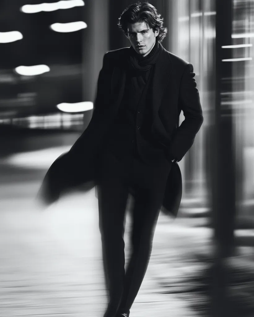 A stylish man in a dark suit and overcoat walks through a blurred city night scene.  The monochromatic image emphasizes the man's sharp features and the sleek lines of his clothing.  His dark hair is swept back, and he carries himself with a confident air. The motion blur suggests movement and dynamism. The overall mood is sophisticated and mysterious.