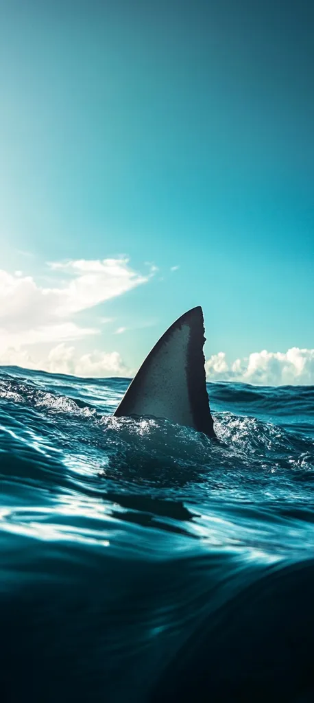 A great white shark's dorsal fin cuts through the surface of a deep blue ocean under a bright sky.  The fin is partially submerged, creating ripples in the water.  The contrast between the dark fin and the bright sky and water is striking, creating a dramatic and awe-inspiring image.  The scene evokes a sense of mystery and the power of nature.