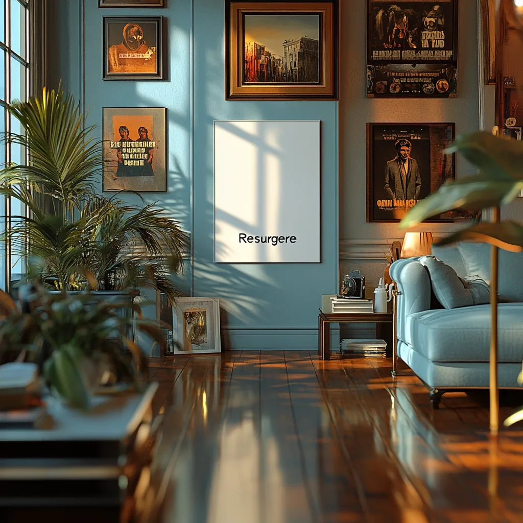 A sun-drenched living room features a teal wall adorned with framed artwork and movie posters.  A large blank canvas with the word "Resurgere" sits centrally.  Rich hardwood floors reflect the sunlight.  Lush potted plants add to the room's sophisticated, vintage ambiance. A teal sofa rests near a side table, completing the scene.