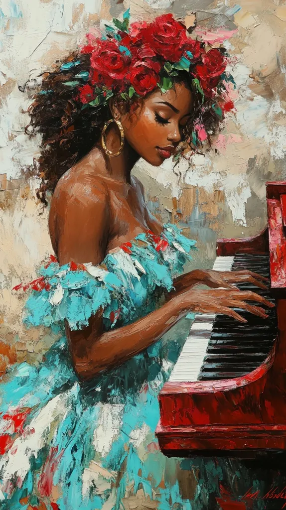 A vibrant oil painting depicts a Black woman with dark curly hair adorned with a red rose crown. She wears a teal off-the-shoulder dress and large gold hoop earrings.  Her eyes are closed as she plays a red grand piano, her hands delicately positioned on the keys. The style is impasto, with visible brushstrokes adding texture and depth to the scene.  The background is a light, textured palette of whites, creams, and muted pinks.