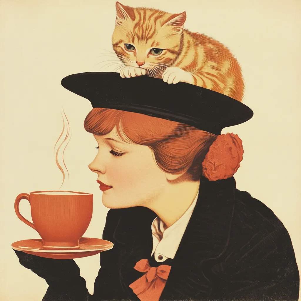A vintage illustration depicts a young woman with a ginger bob and black sailor hat, a ginger kitten perched atop.  She holds a steaming cup of tea, her profile suggesting a moment of peaceful enjoyment. The style is reminiscent of early 20th-century advertising art, with soft colors and a romantic mood. The overall image is charming and nostalgic.