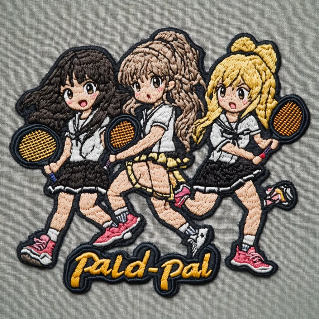 A meticulously embroidered patch depicts three anime-style girls in school uniforms, dynamically running while holding tennis rackets. Their hair is styled differently, showcasing brown, light brown, and blonde shades.  The patch is detailed with textured stitching, giving the girls' clothes and hair a realistic feel. Below the girls, the words "Pald-Pal" are embroidered in a bold, stylized font. The overall style is vibrant and playful.