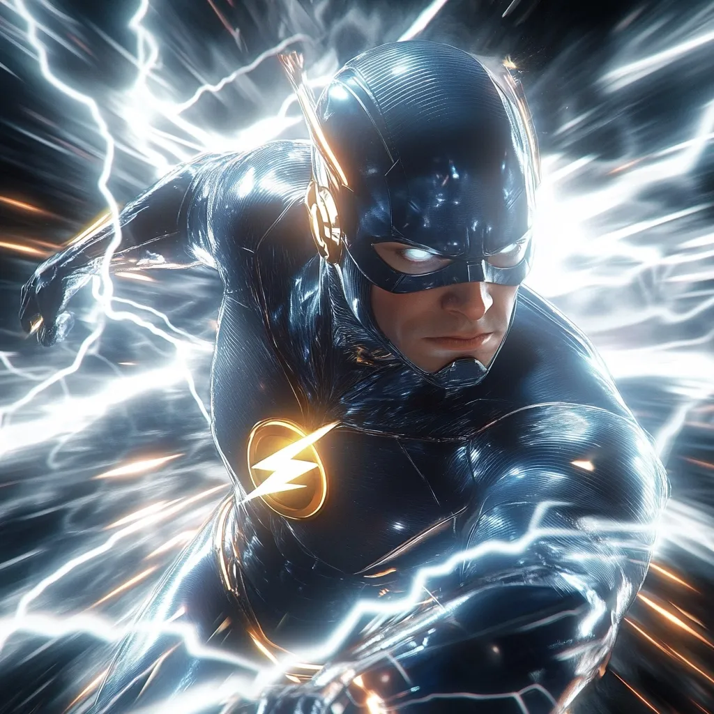A dynamic close-up depicts the Flash, a superhero known for his incredible speed.  His sleek, dark blue suit reflects light, highlighted by streaks of golden energy reminiscent of lightning.  He is in motion, a blur of speed and power, surrounded by white and gold electrical energy trails that emphasize his super-speed abilities. His determined expression adds to the image's intensity.