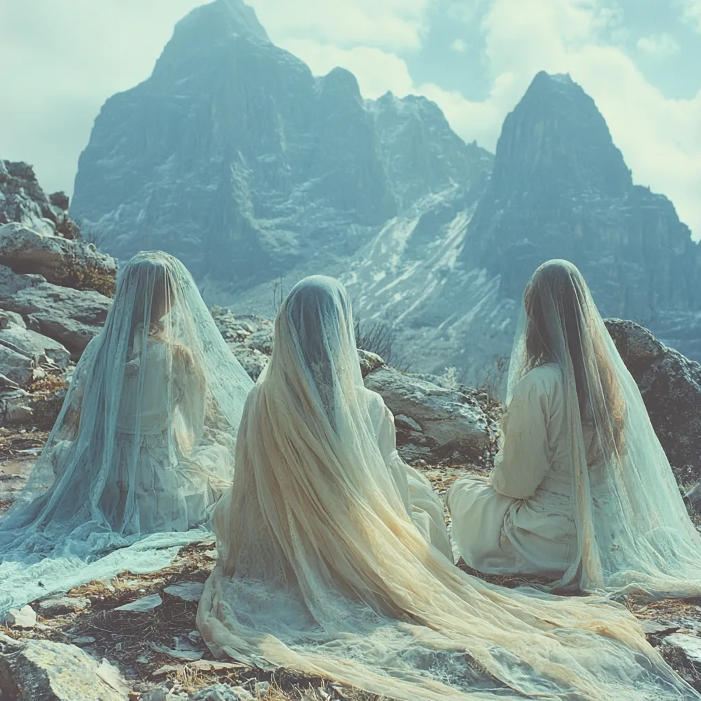 Three figures, veiled in flowing, sheer fabrics of varying shades, sit on a rocky mountainside. Their backs are to the viewer, gazing at a majestic, snow-dusted mountain range in the background. The scene evokes a sense of mystery and serenity, a blend of ethereal beauty and rugged landscape.  The soft, muted colors and hazy atmosphere contribute to the image's dreamy quality.