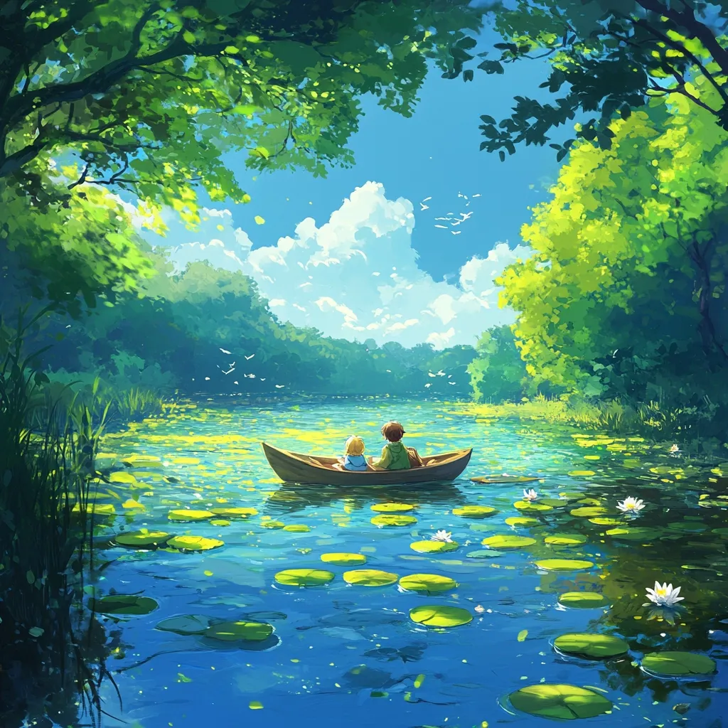 Two figures sit back-to-back in a small wooden boat on a serene lake, surrounded by vibrant green lily pads. Lush, leafy trees frame the tranquil scene under a bright, partly cloudy sky. The idyllic setting evokes a sense of peace and quietude, perfect for a peaceful escape into nature.  Sunlight filters through the leaves, illuminating the calm water.