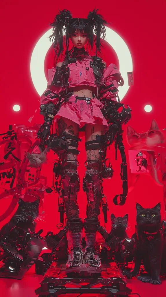 A cyberpunk-styled female figure with black pigtails stands in a red-lit environment.  She's clad in a pink cropped top and skirt, complemented by dark, futuristic armor and leg braces.  Several black cats surround her, adding to the edgy, dystopian aesthetic. The background features a large, glowing circle, enhancing the overall dramatic effect. The image is richly detailed and visually striking.